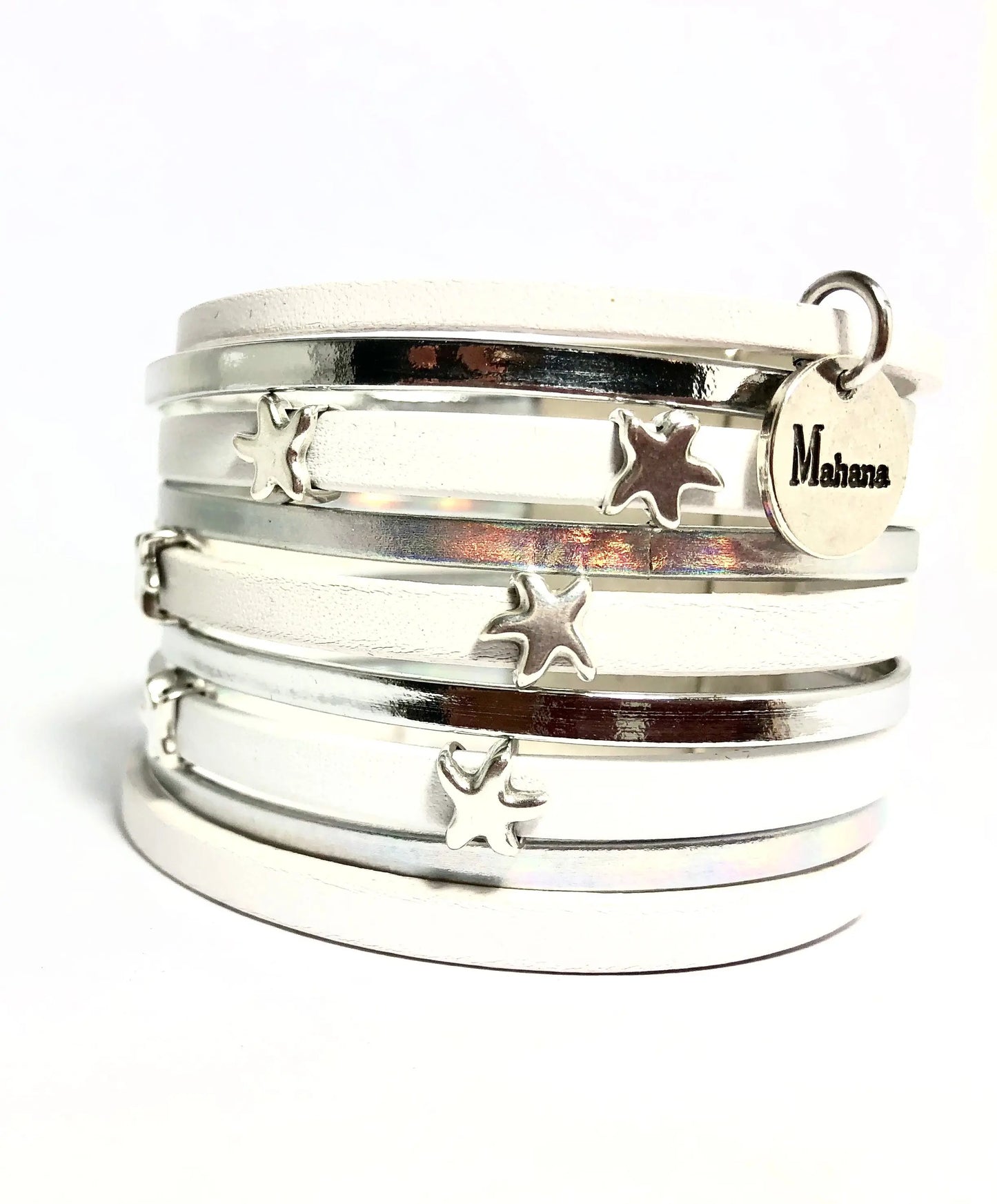 Manchette multi liens en cuir blanc "Lucky Stars" - Mahana Bijoux