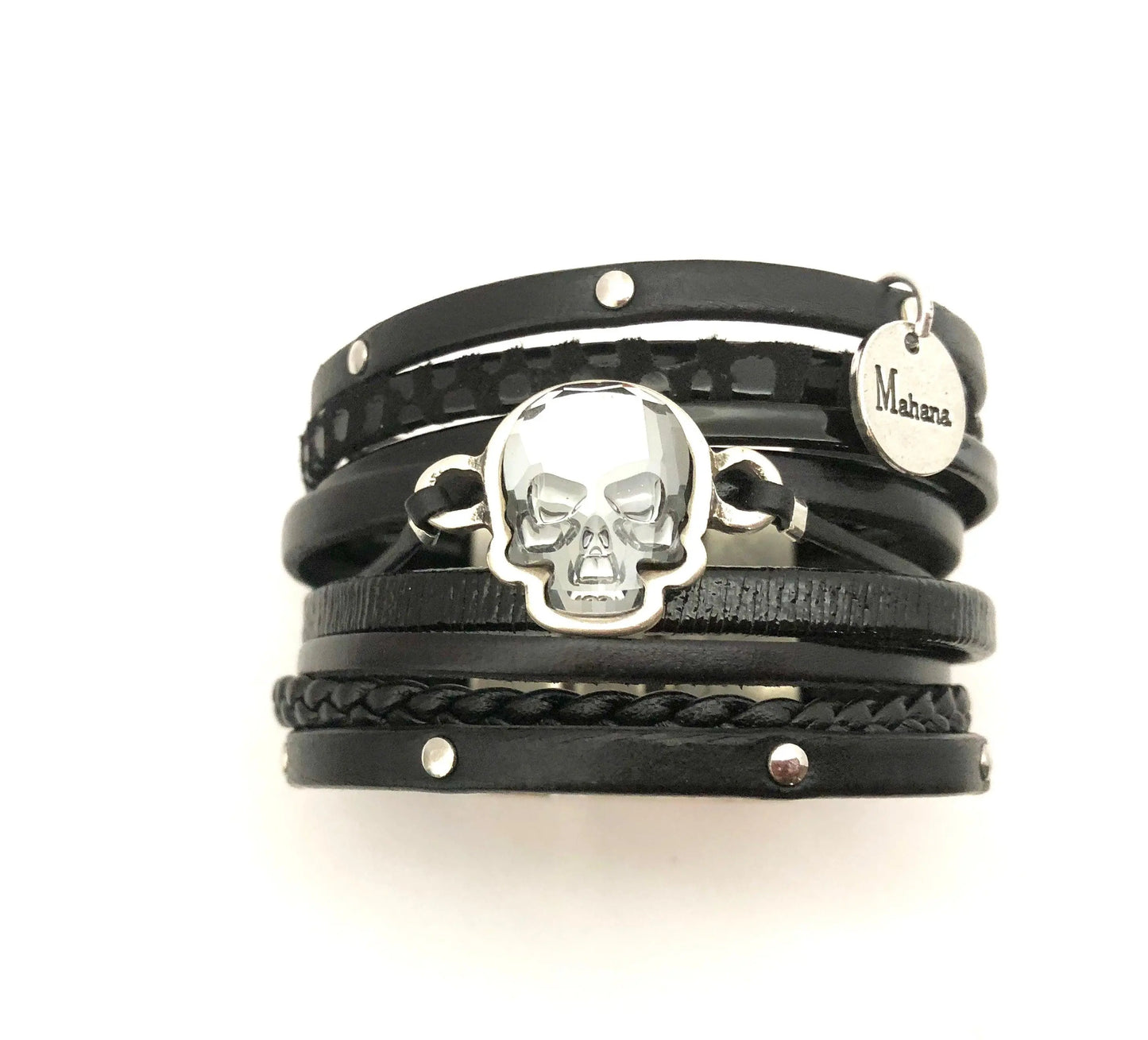 Manchette multi liens en cuir et tête de mort en Swarovski - Mahana Bijoux