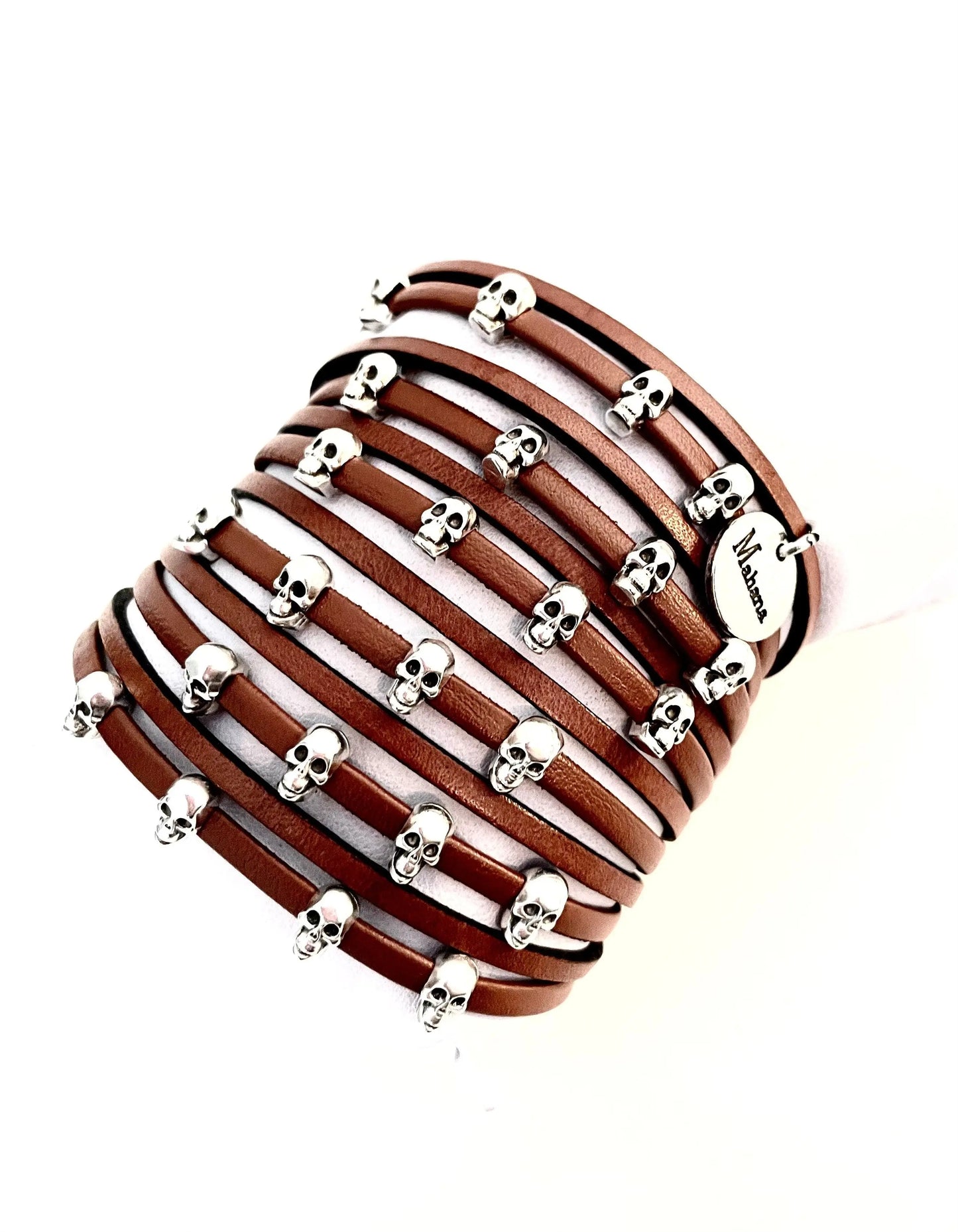 Manchette multi liens en cuir marron Skull Lisbonne - Mahana Bijoux