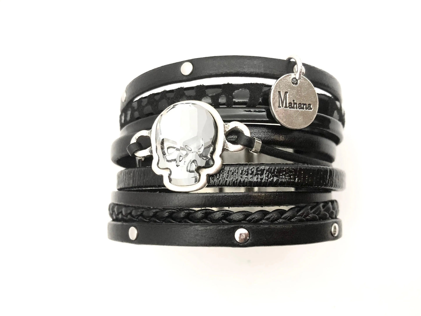 Manchette multi liens en cuir et tête de mort en Swarovski - Mahana Bijoux