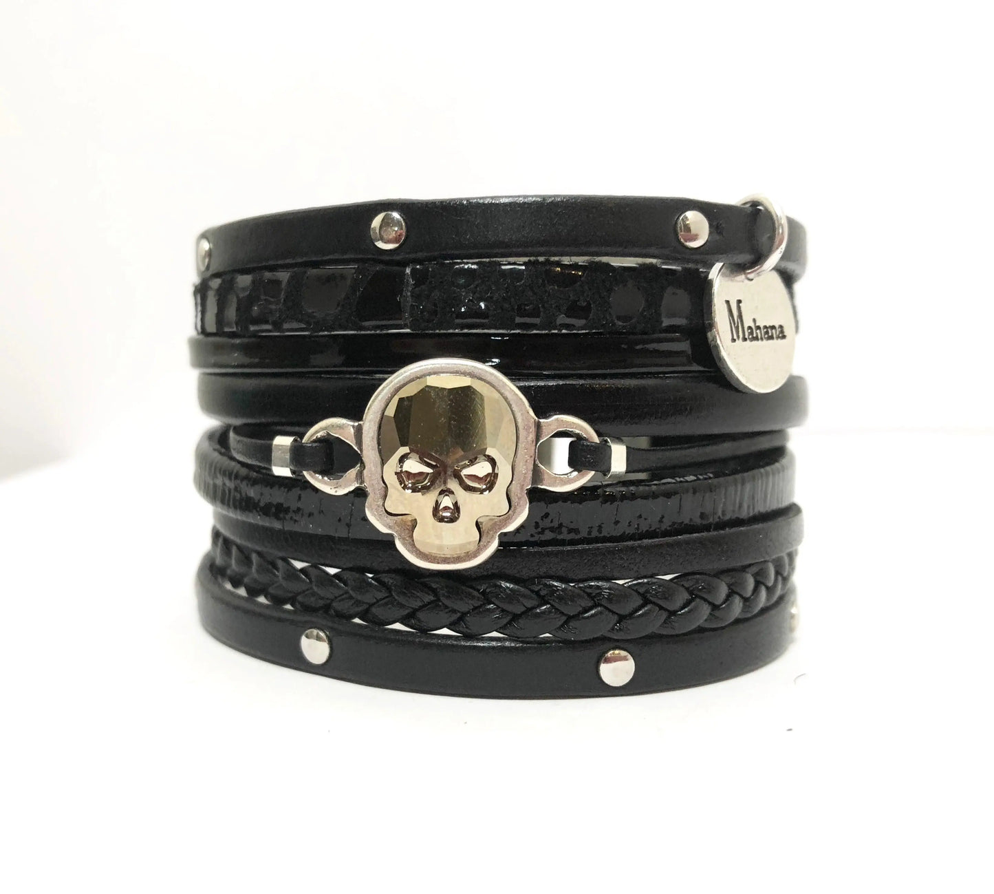 Manchette en cuir et son Skull Swarovski - Mahana Bijoux
