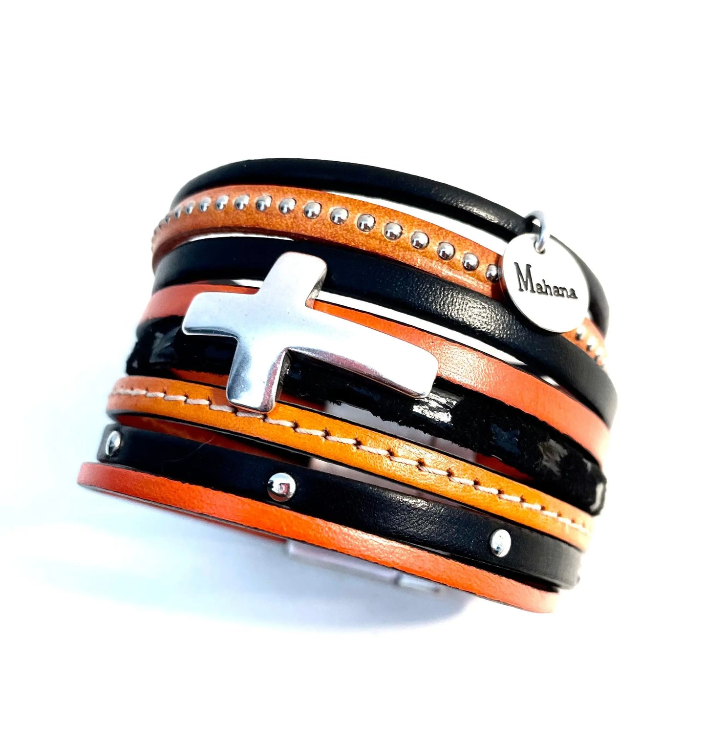 Manchette multi liens en cuir et sa croix “Orange Mécanique” - Mahana Bijoux