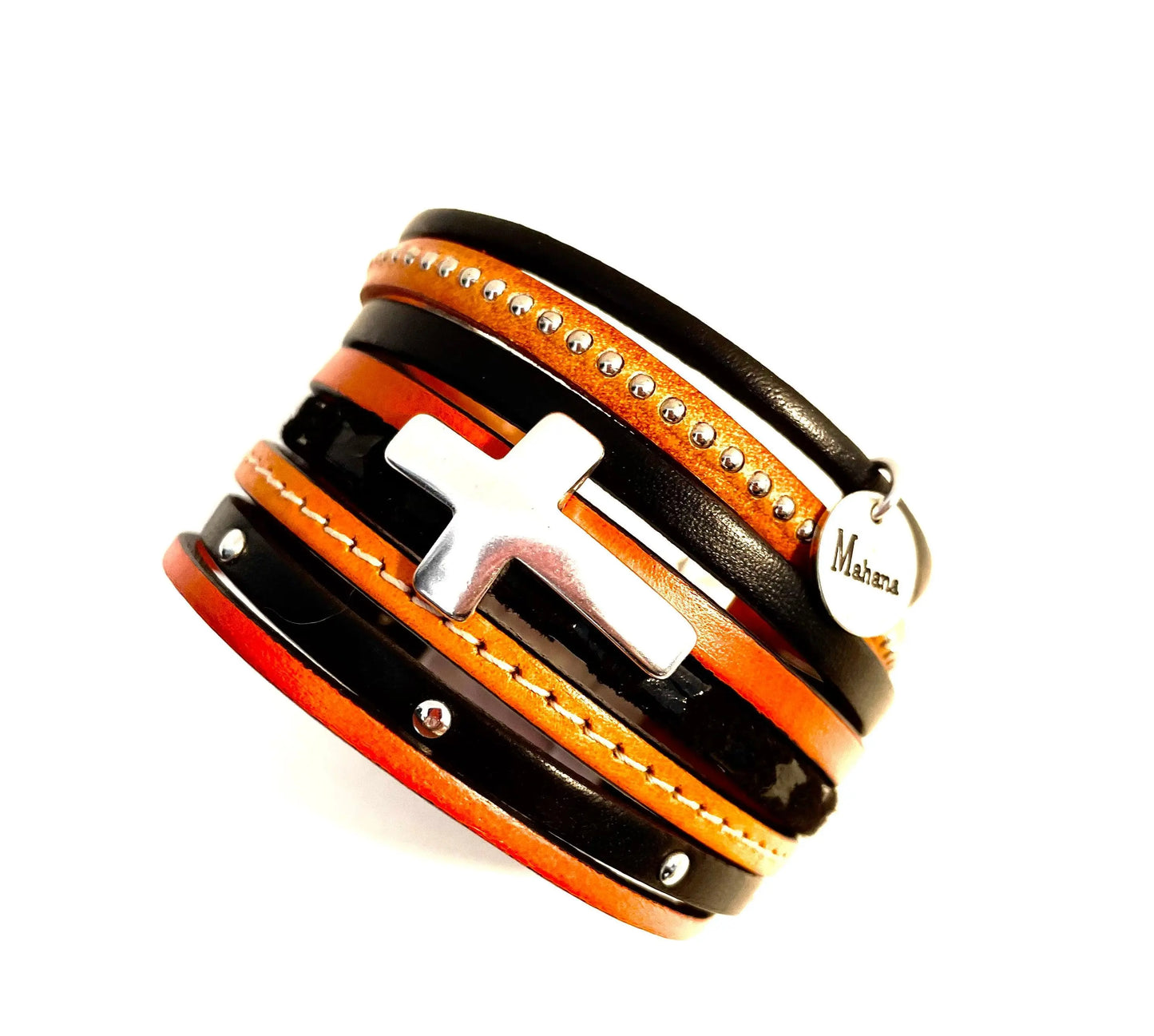 Manchette multi liens en cuir et sa croix “Orange Mécanique” - Mahana Bijoux