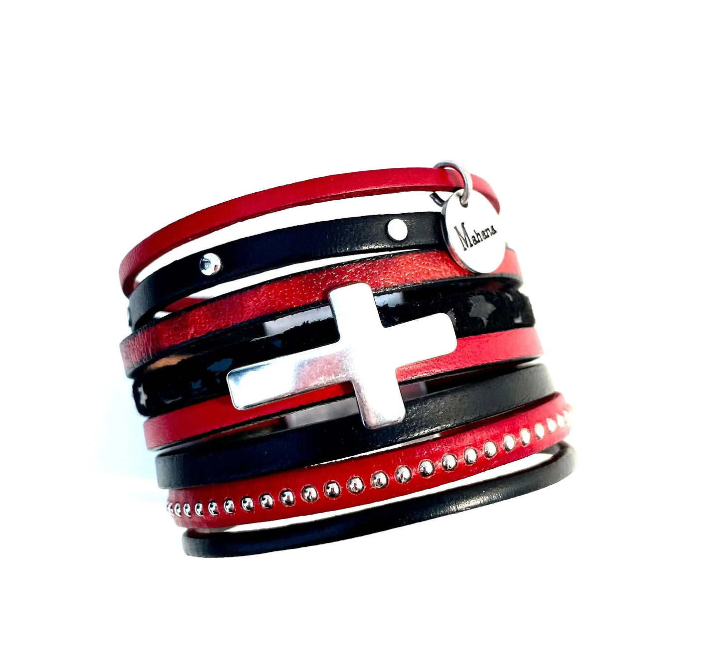 Bracelet Cross multi liens en cuir noir et rouge - Mahana Bijoux