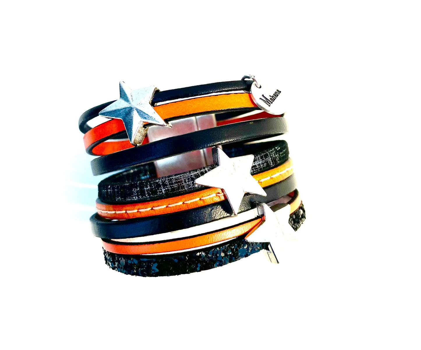 Manchette multi liens en cuir "Big Stars" orange mécanique - Mahana Bijoux