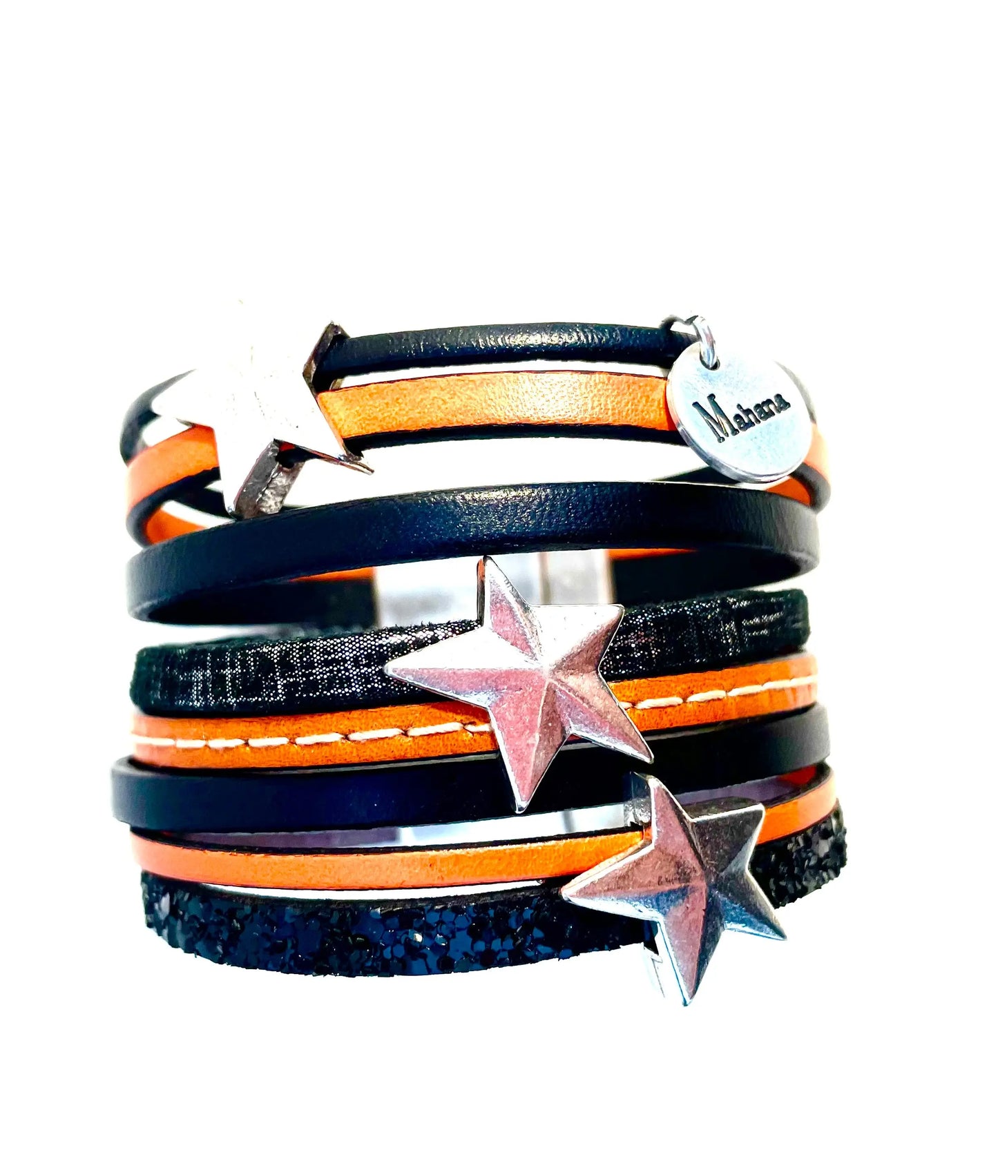 Manchette multi liens en cuir "Big Stars" orange mécanique - Mahana Bijoux