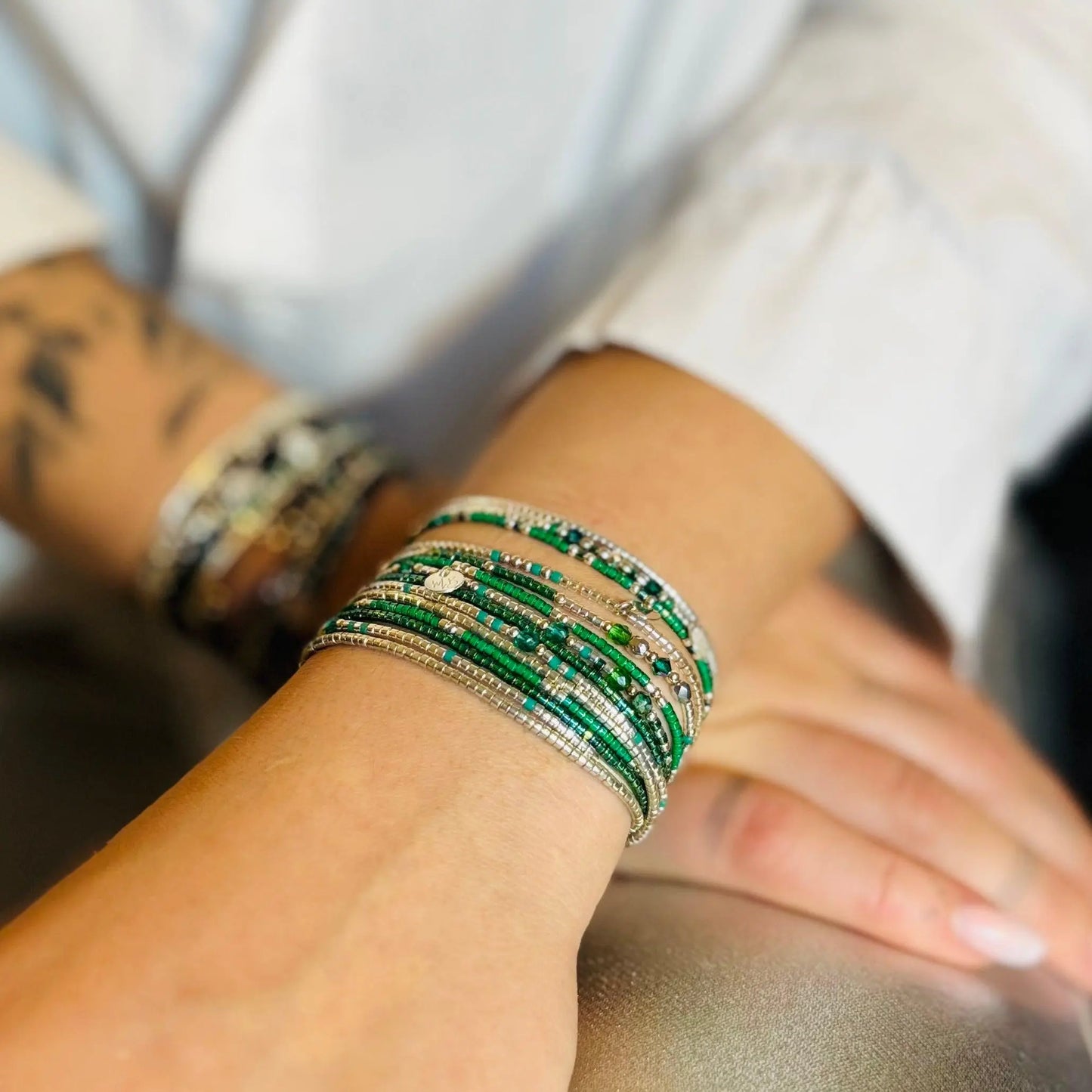 Bracelet Manchette Multi -Rangs en argent 925 “Lady Green” - Mahana Bijoux