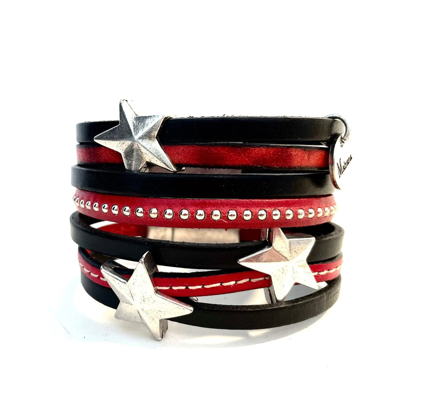 Manchette | Bracelet Big Stars en cuir Rouge et noir - Mahana Bijoux