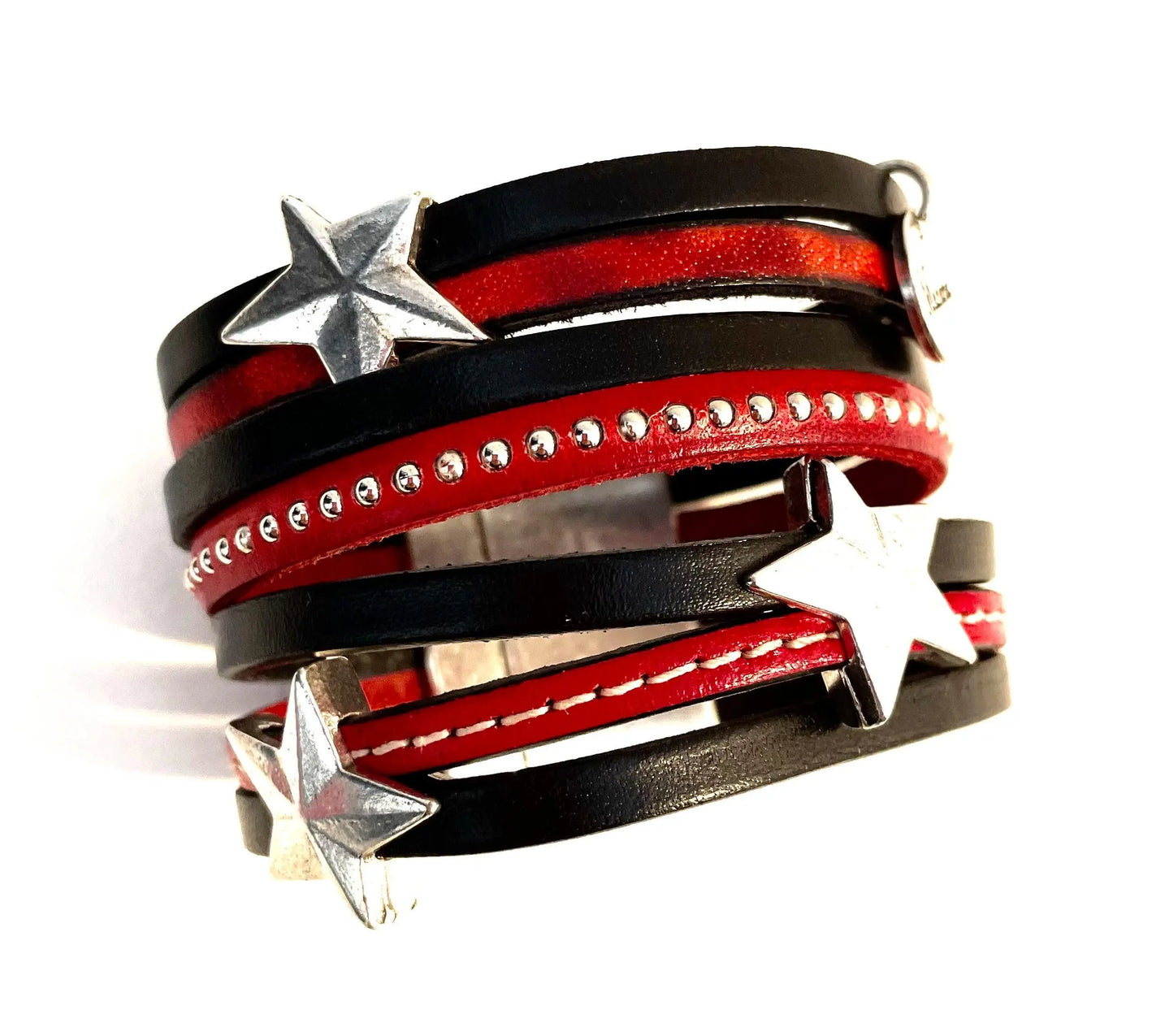 Manchette | Bracelet Big Stars en cuir Rouge et noir - Mahana Bijoux