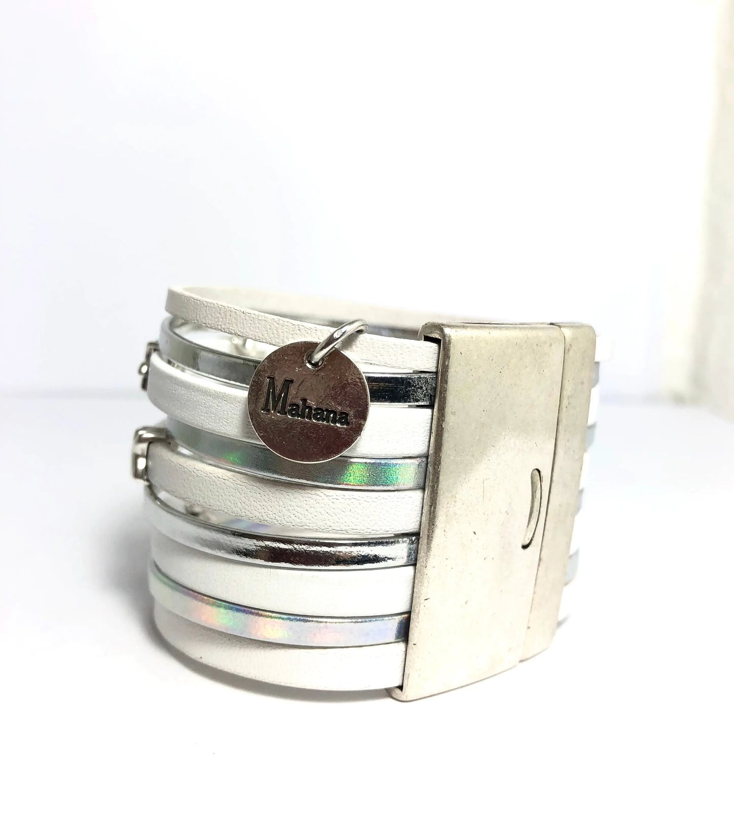 Manchette multi liens en cuir blanc "Lucky Stars" - Mahana Bijoux