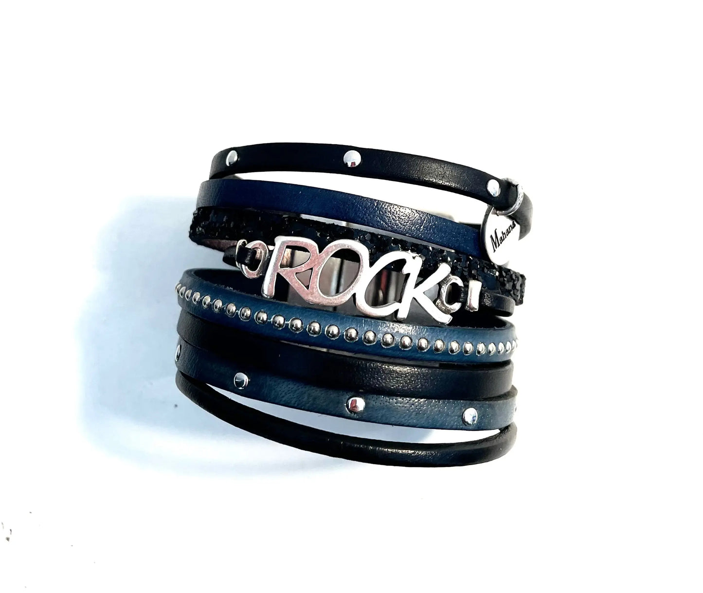 Manchette multi liens en cuir Rock "Blue Jean" - Mahana Bijoux