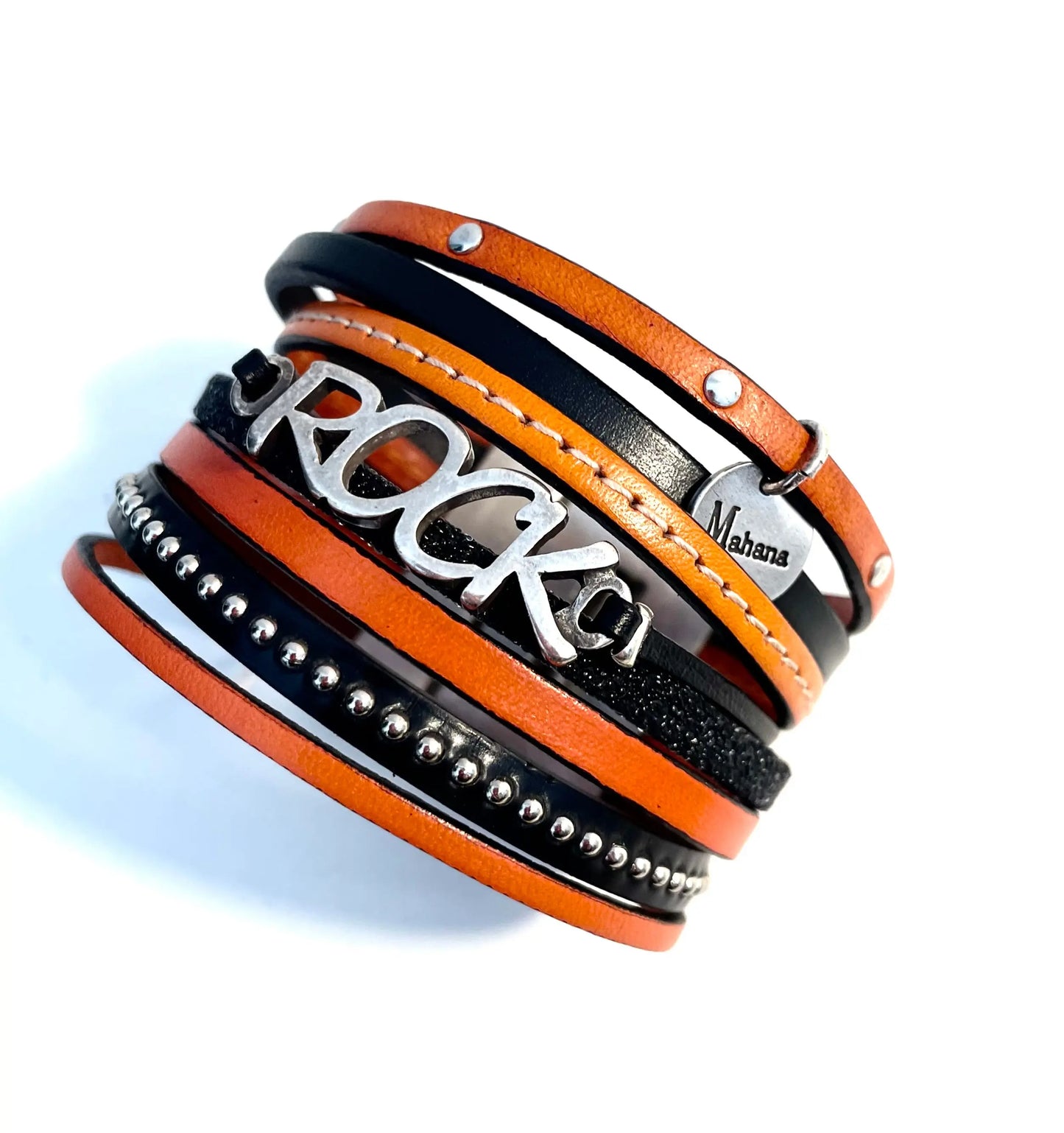 Manchette | Bracelet Rock en cuir "Orange mécanique" - Mahana Bijoux