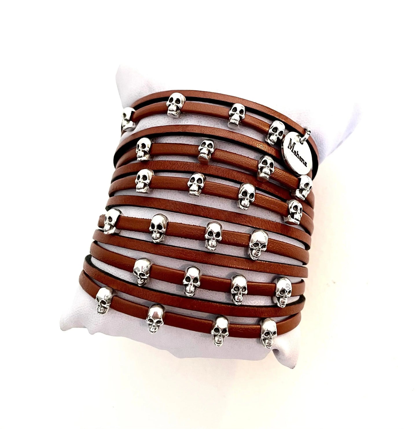 Manchette multi liens en cuir marron Skull Lisbonne - Mahana Bijoux