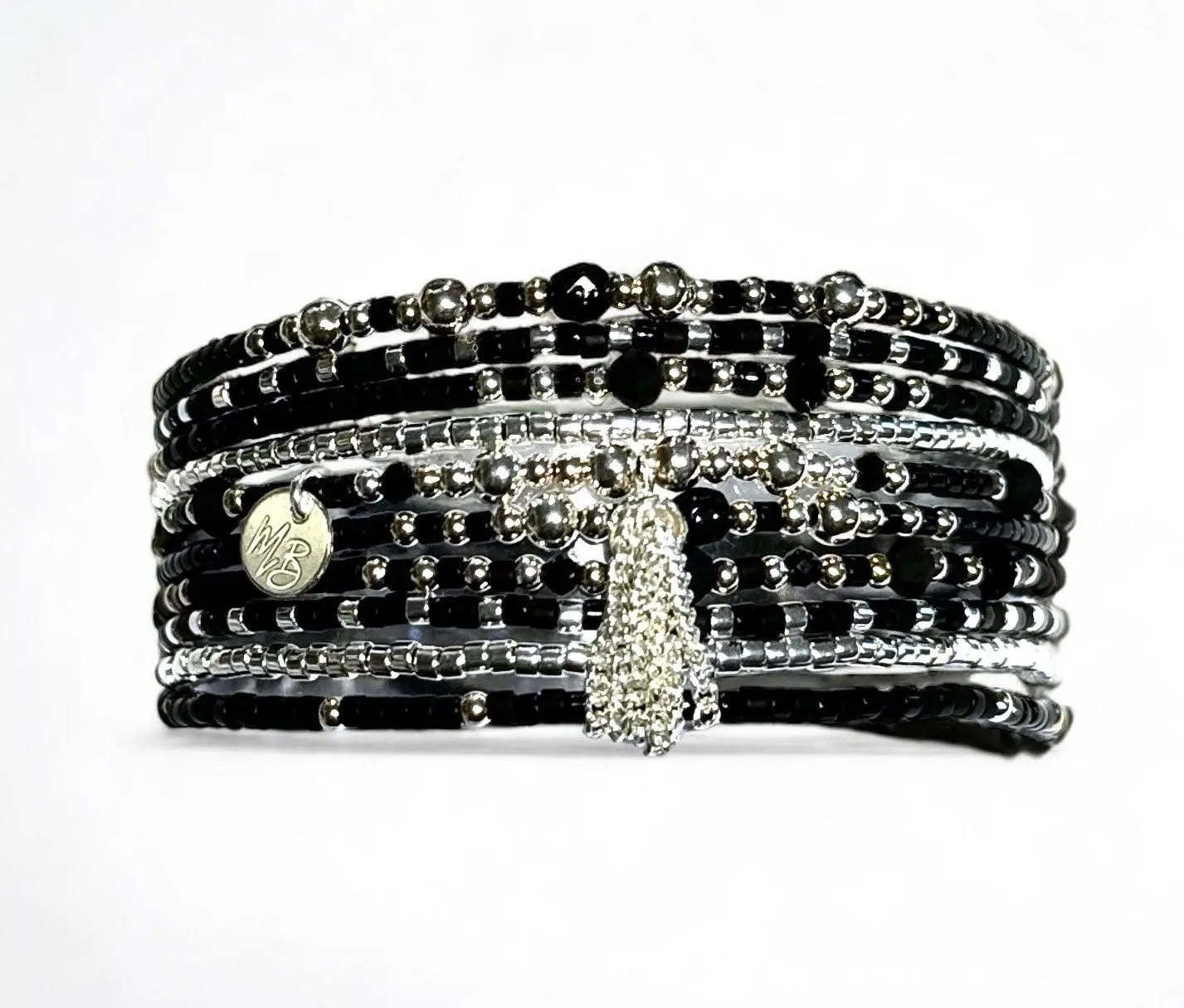 Bracelet Manchette multi rangs noire et argent “Poupoupidou” - Mahana Bijoux