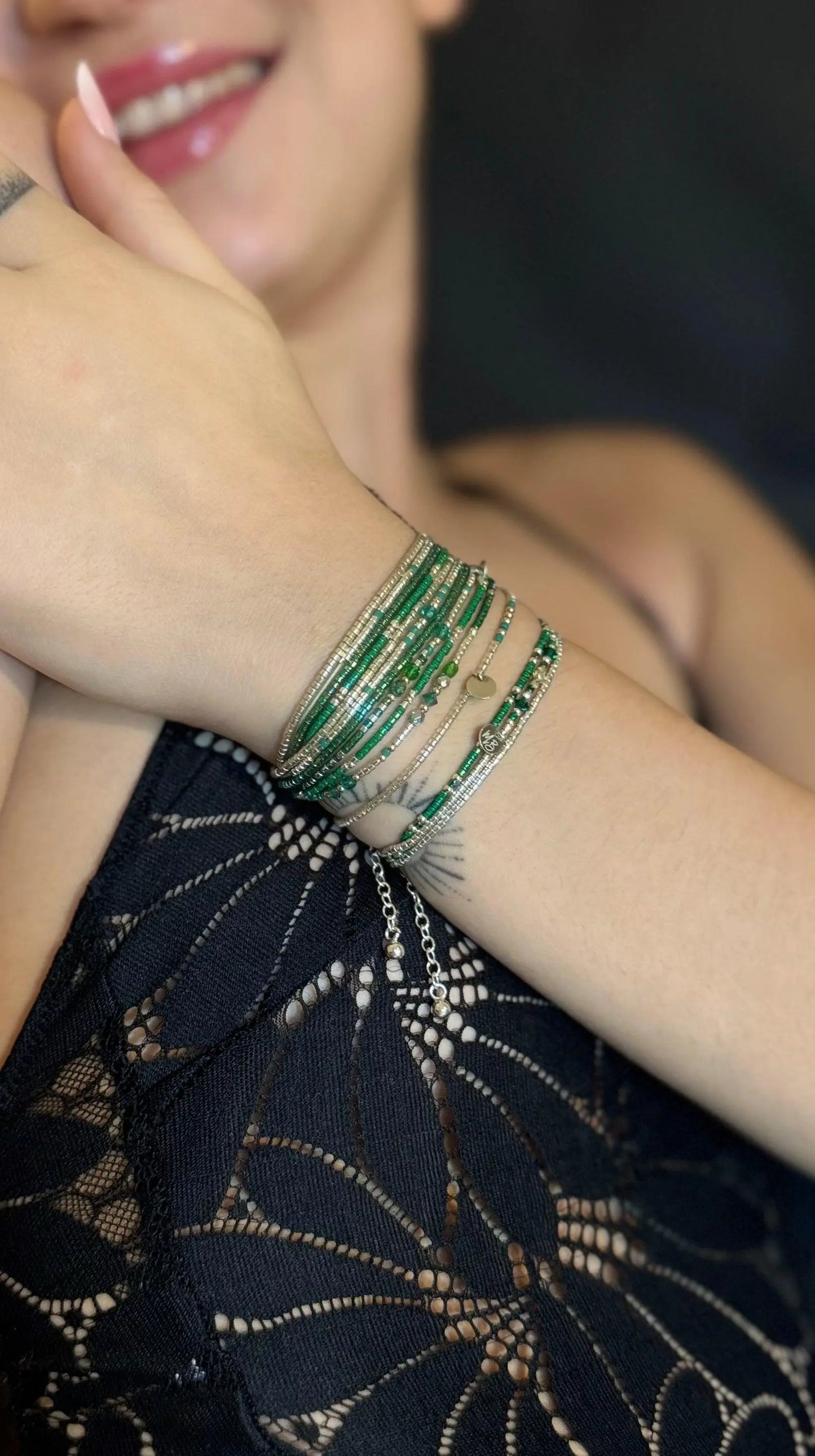 Bracelet Manchette Multi -Rangs en argent 925 “Lady Green” - Mahana Bijoux