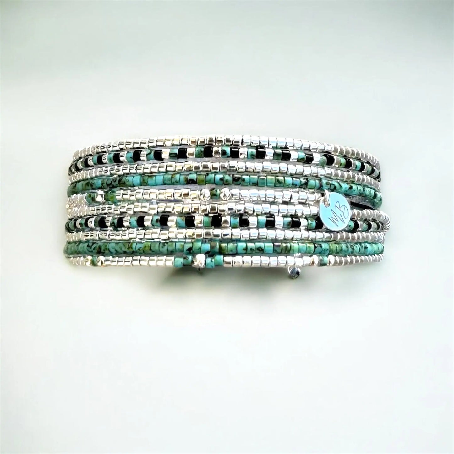 Manchette multi tours en argent -Turquoise-Noir “Le Milos”