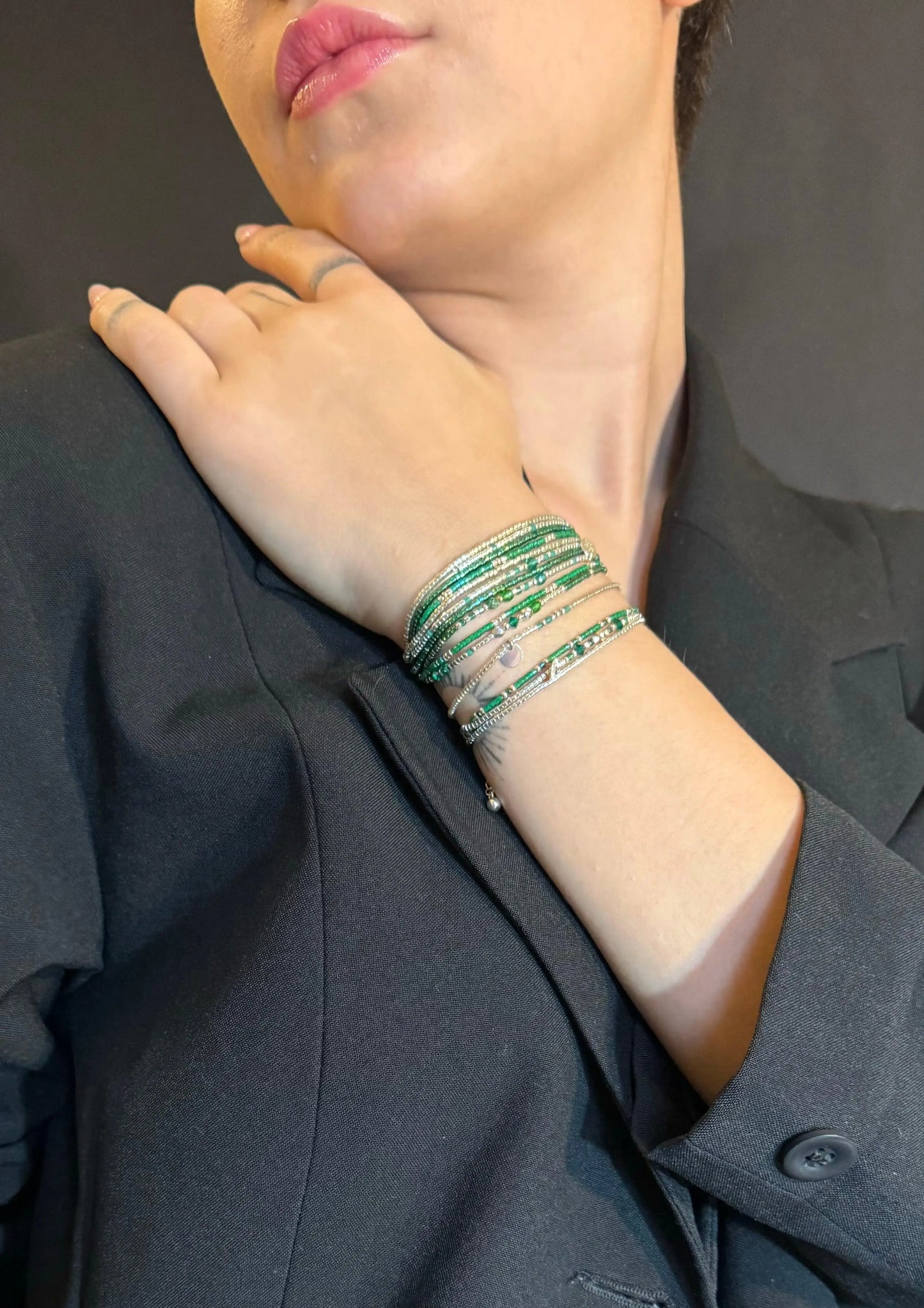 Bracelet Manchette Multi -Rangs en argent 925 “Lady Green” - Mahana Bijoux