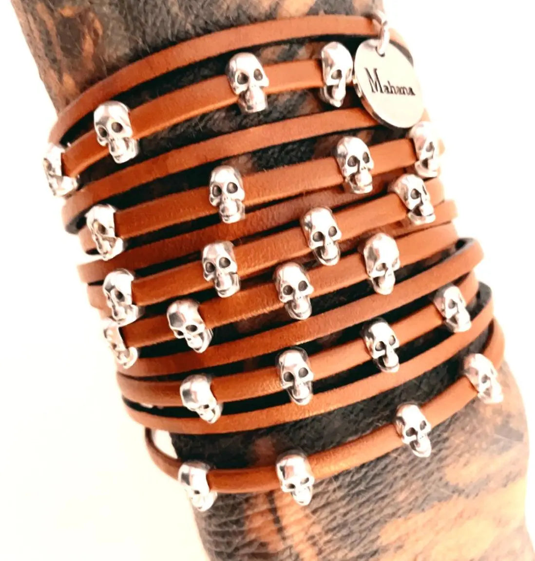 Manchette multi liens en cuir marron Skull Lisbonne - Mahana Bijoux