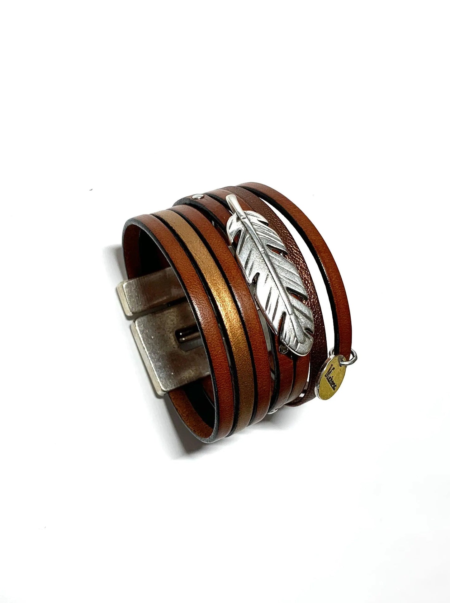 Manchette en cuir et sa plume - Mahana Bijoux