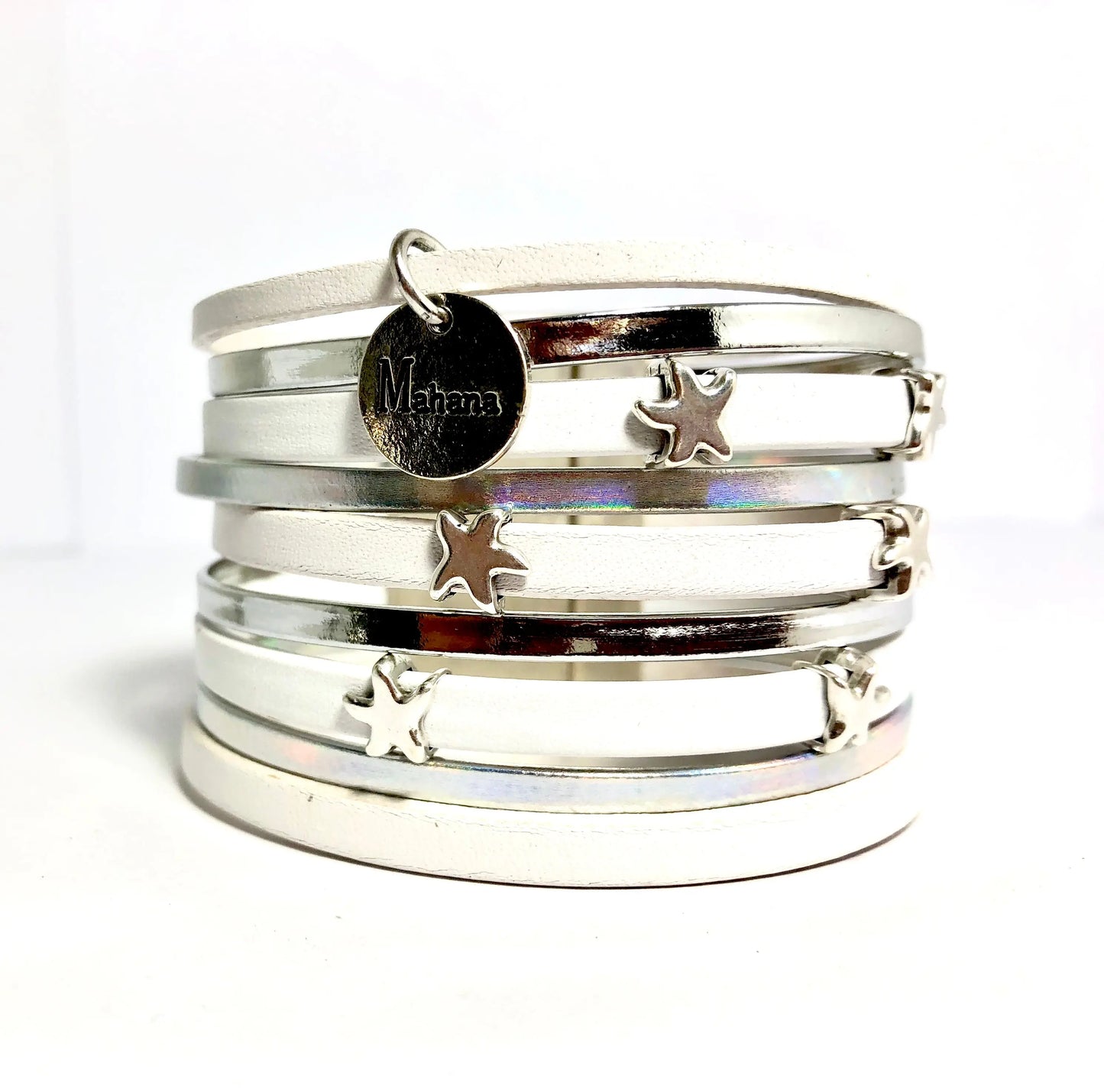 Manchette multi liens en cuir blanc "Lucky Stars" - Mahana Bijoux