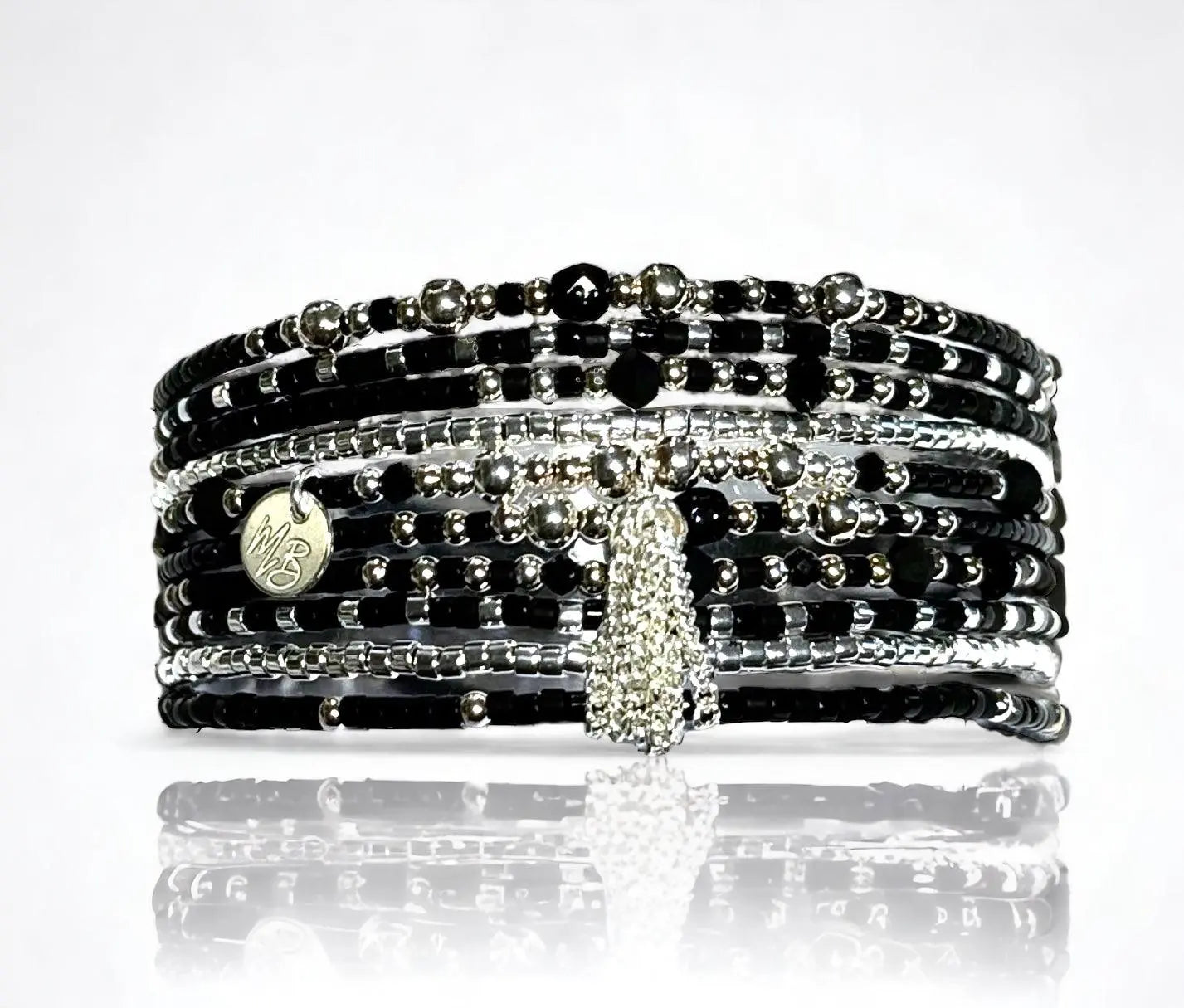 Bracelet Manchette multi rangs noire et argent “Poupoupidou” - Mahana Bijoux
