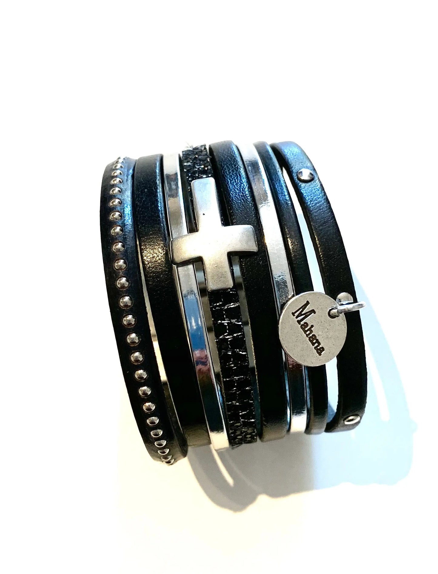 Manchette en cuir noir "Cross PM" - Mahana Bijoux