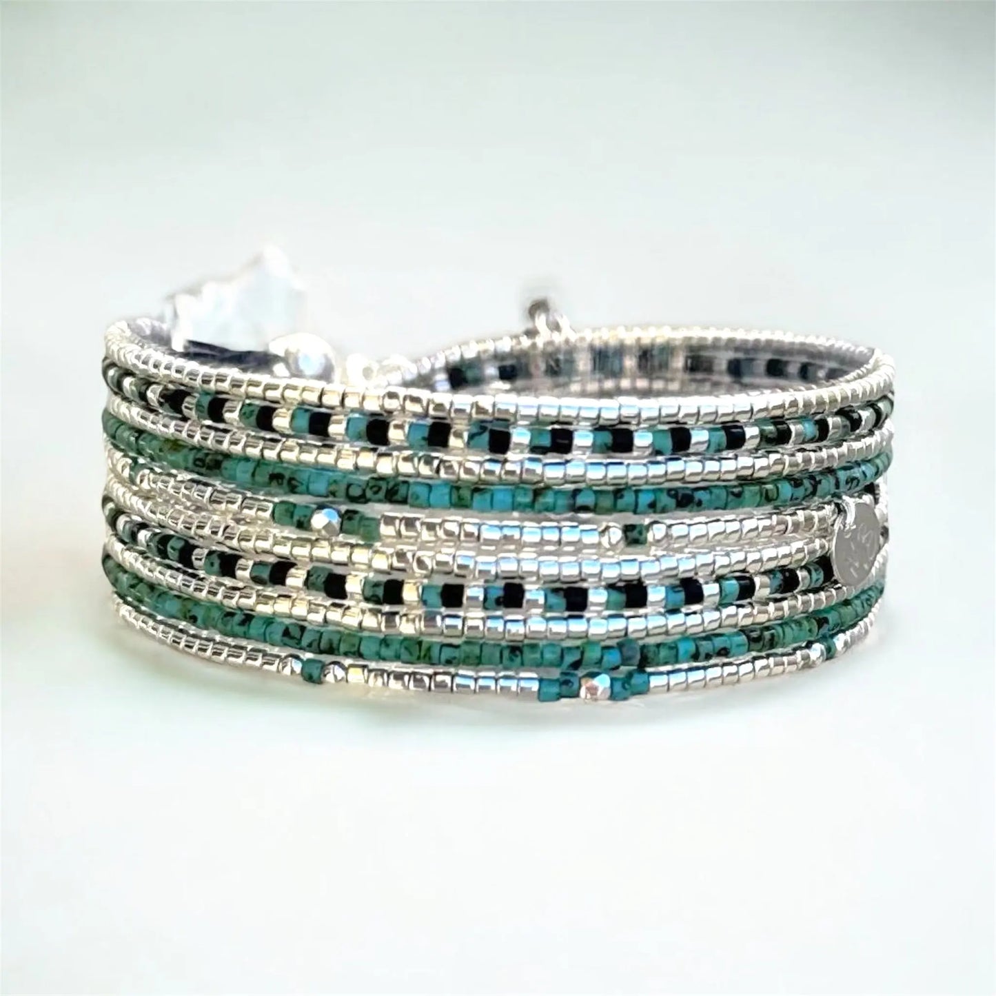 Manchette multi tours en argent -Turquoise-Noir “Le Milos”