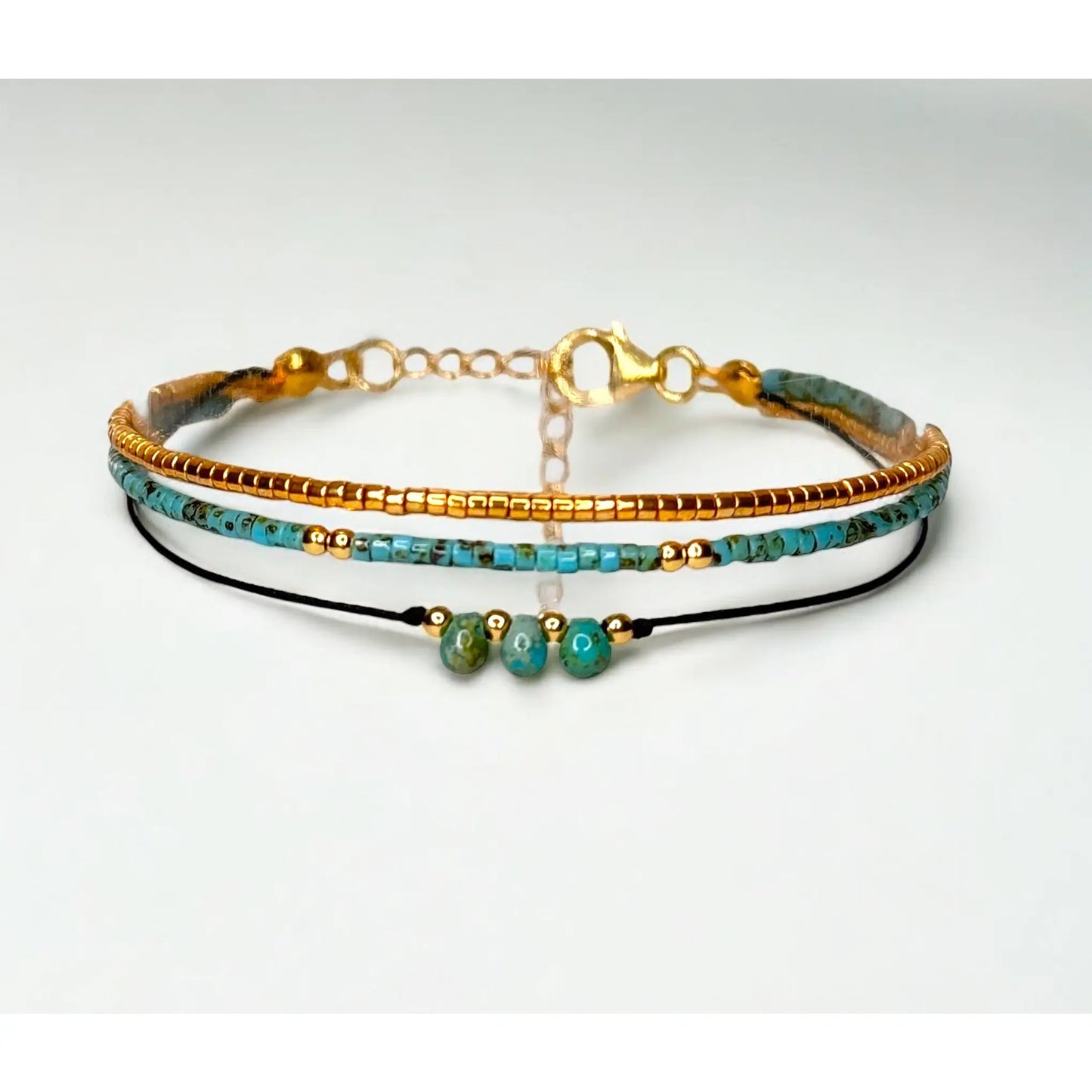 Bracelet argent plaqué or 3 rangs turquoise de Mahana bijoux