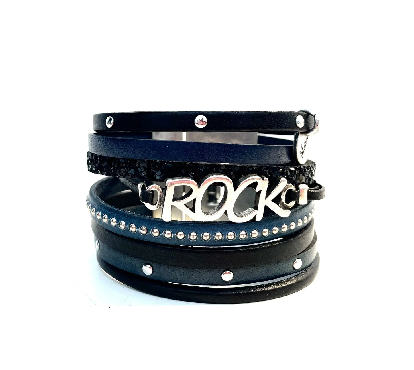 Manchette multi liens en cuir Rock "Blue Jean" - Mahana Bijoux