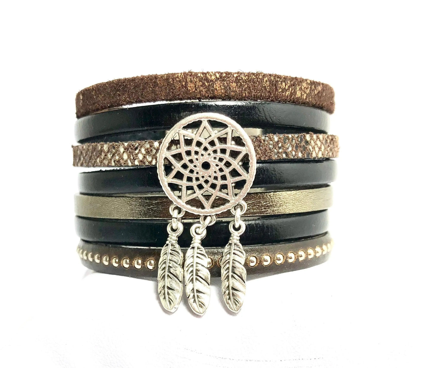 Manchette multi liens en cuir Dreamcatcher - Mahana Bijoux