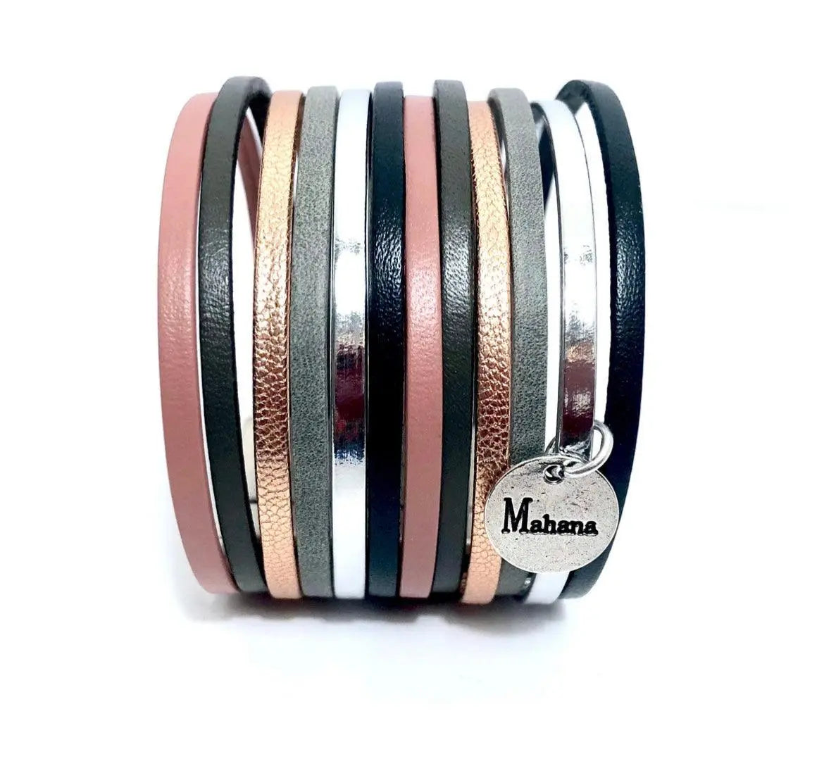Manchette | Bracelet multi liens en cuir Sweet Pink - Mahana Bijoux