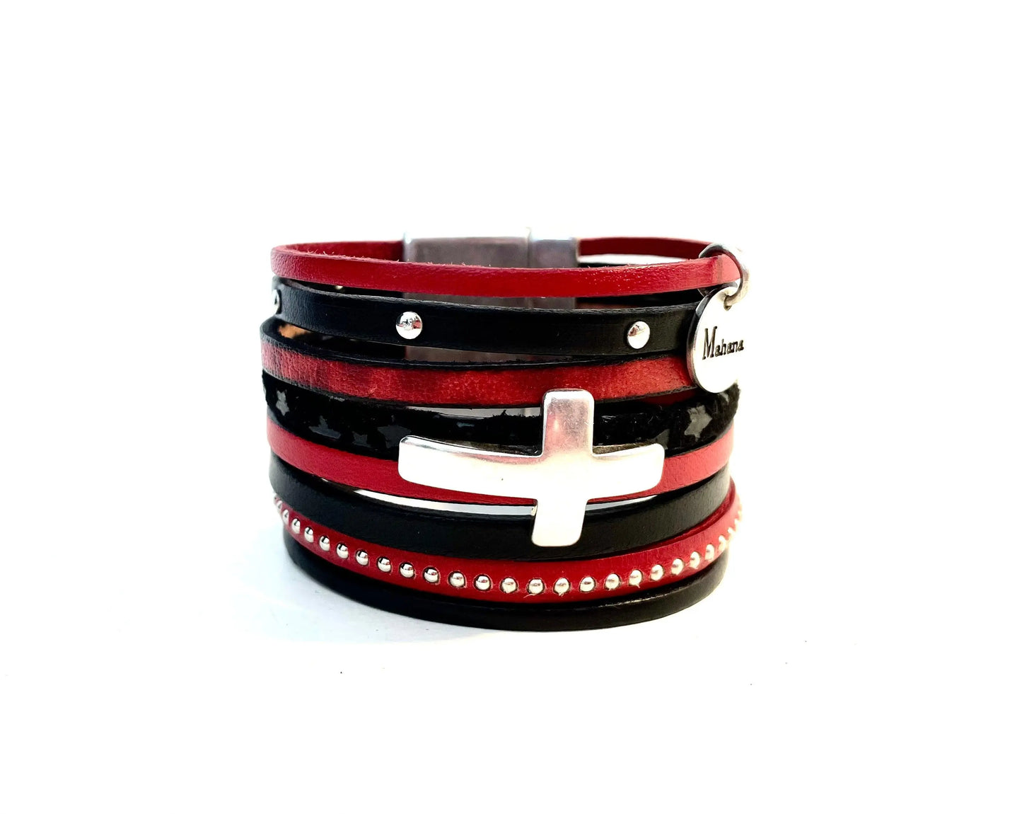 Bracelet Cross multi liens en cuir noir et rouge - Mahana Bijoux