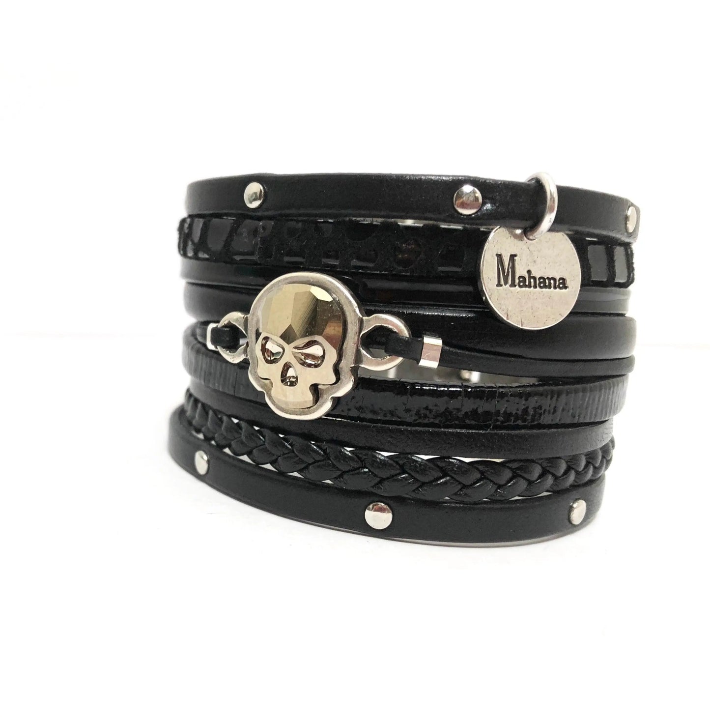 Manchette en cuir et son Skull Swarovski - Mahana Bijoux