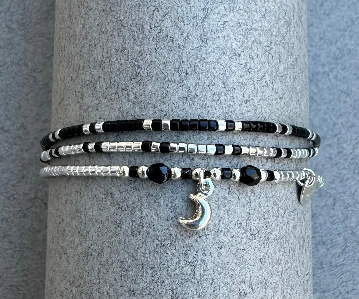 Bracelet 3 rangs noir et argent 925 “Luna I ” - Mahana Bijoux
