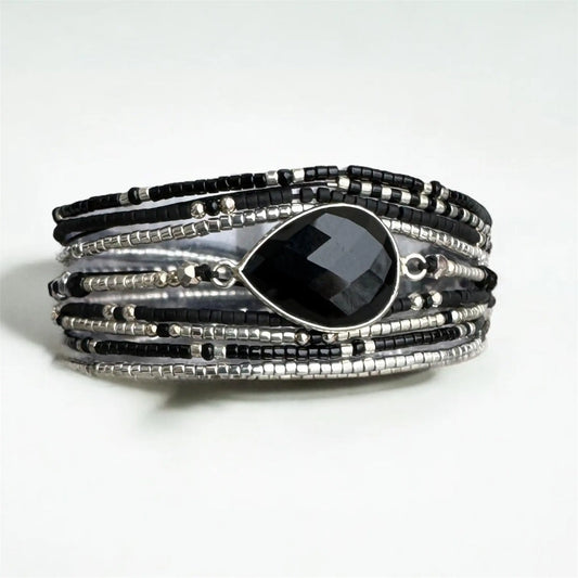 Bracelet Manchette multi rangs en argent 925 et « Larme d’Onyx »