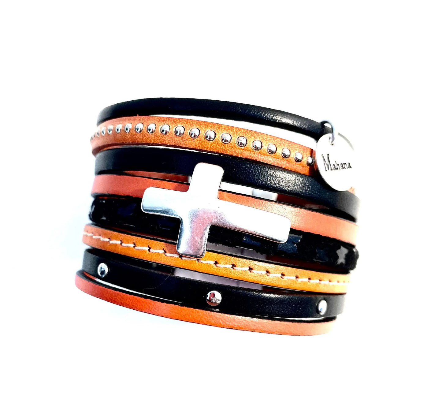 Manchette multi liens en cuir et sa croix “Orange Mécanique” - Mahana Bijoux