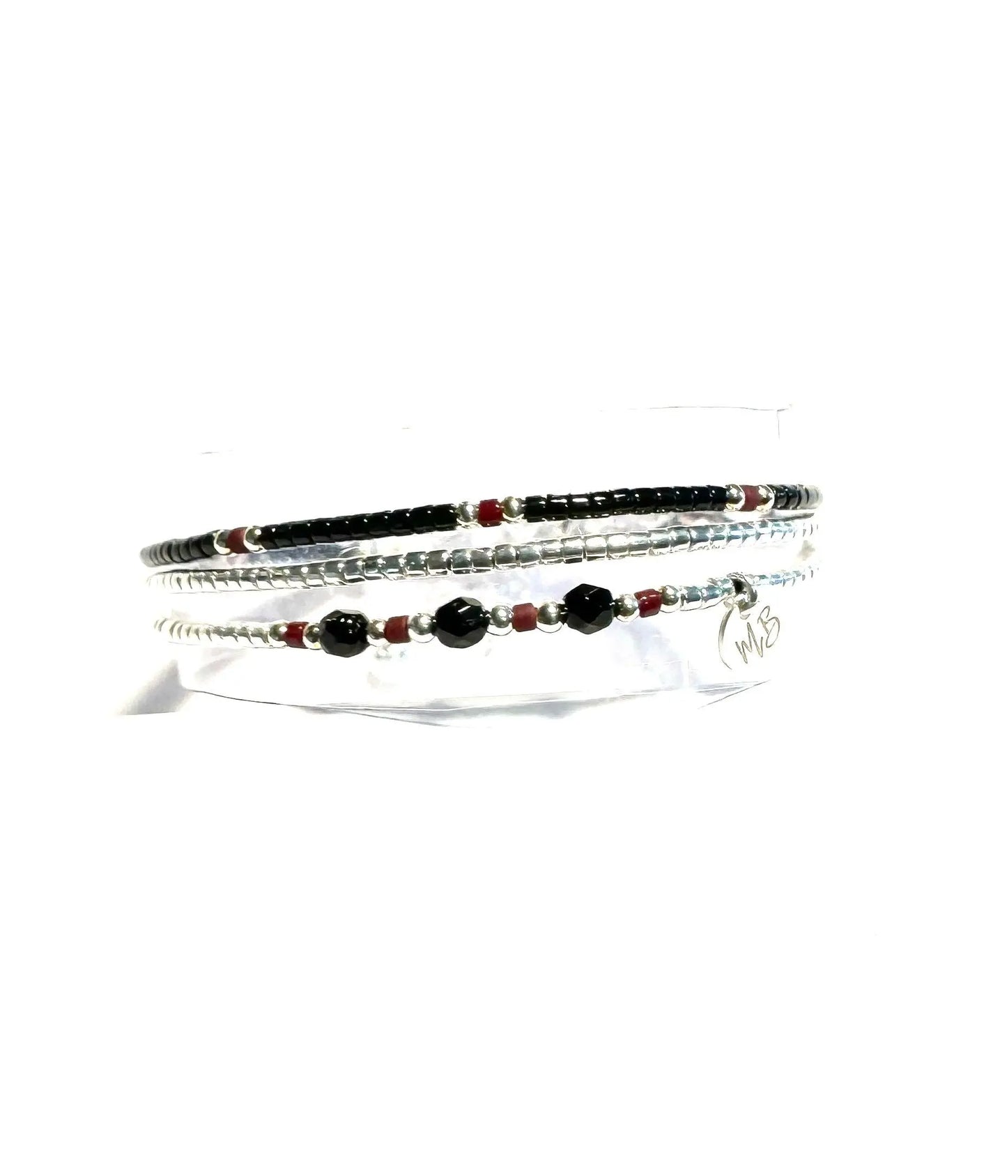 Bracelet 3 rangs argent 925 noir et bordeaux "Madison"