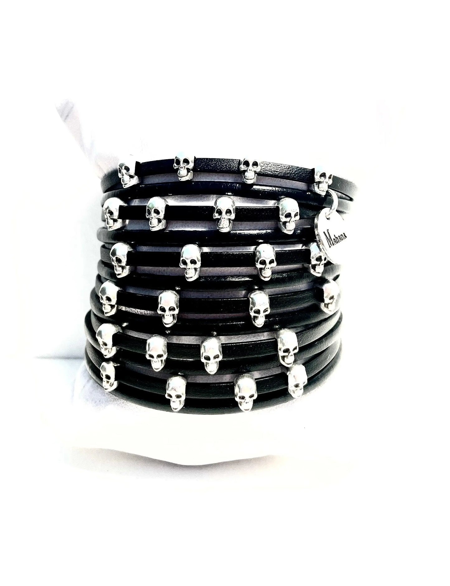 Manchette en cuir noir Skull Lisbonne - Mahana Bijoux