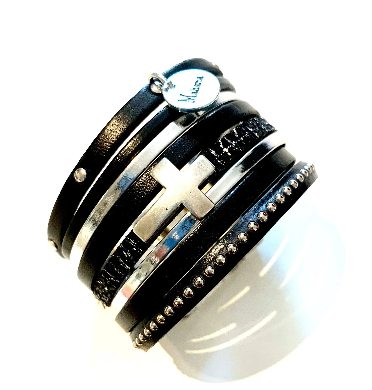 Manchette en cuir noir "Cross PM" - Mahana Bijoux