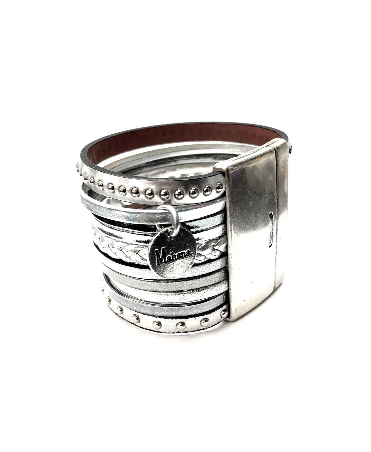 Manchette en cuir argent Ornella - Mahana Bijoux