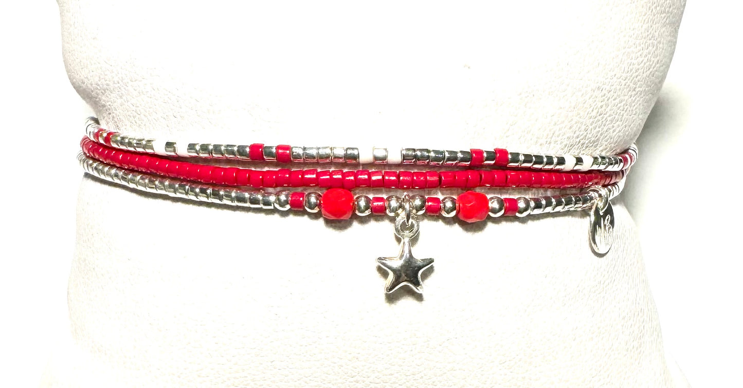 Bracelet 3 rangs en Argent 925 “Red Stars ”