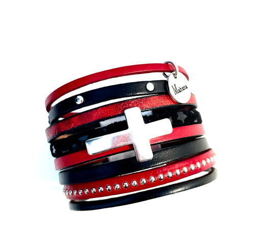 Bracelet Cross multi liens en cuir noir et rouge - Mahana Bijoux 