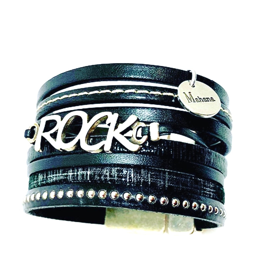 Manchette en cuir Noir Rock - Mahana Bijoux 