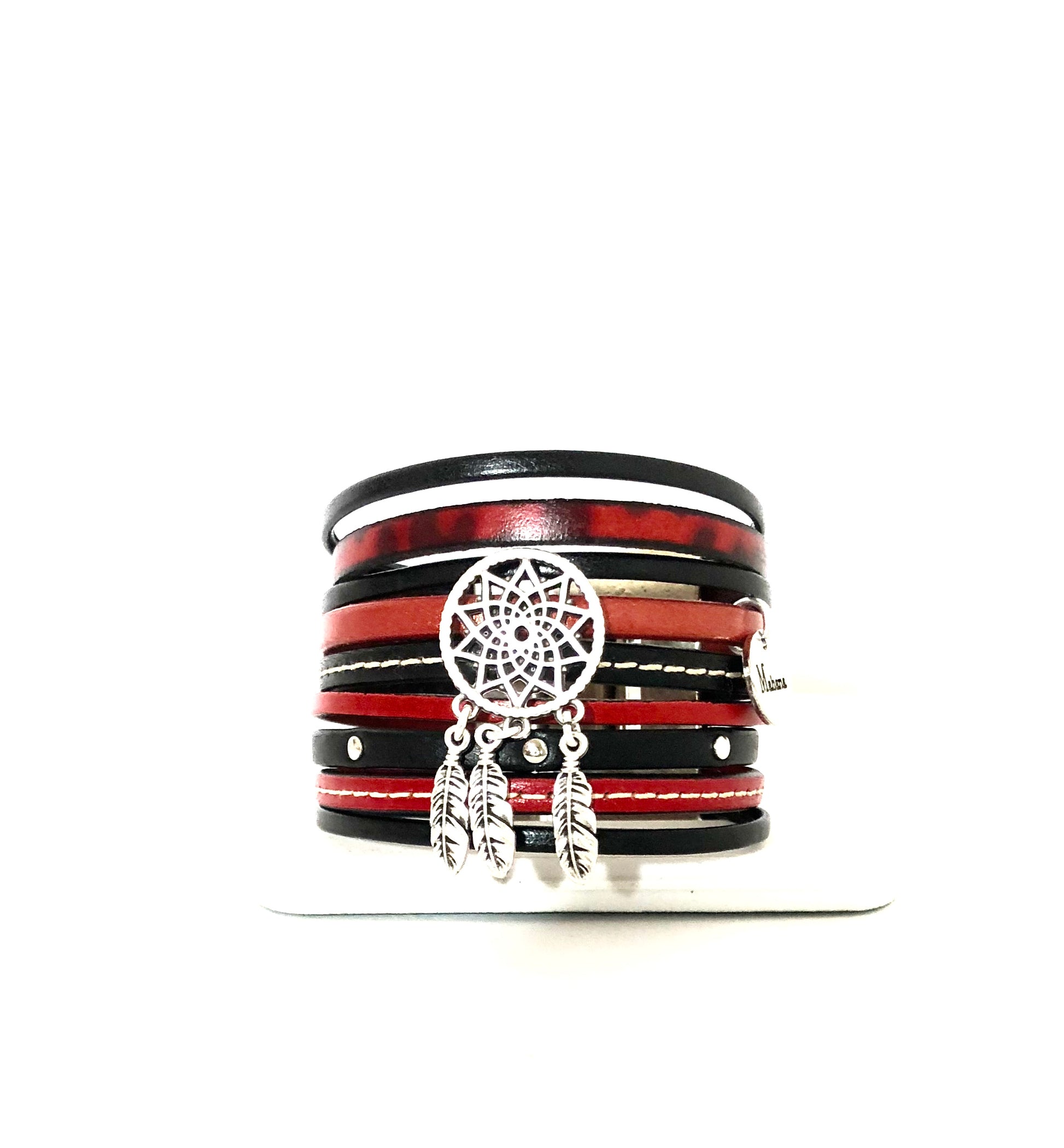 Manchette multi liens en cuir Dreamcatcher Black & Red - Mahana Bijoux 