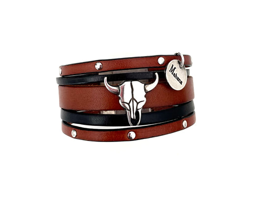 Manchette en cuir Buffalo Skull Kaya - Mahana Bijoux 