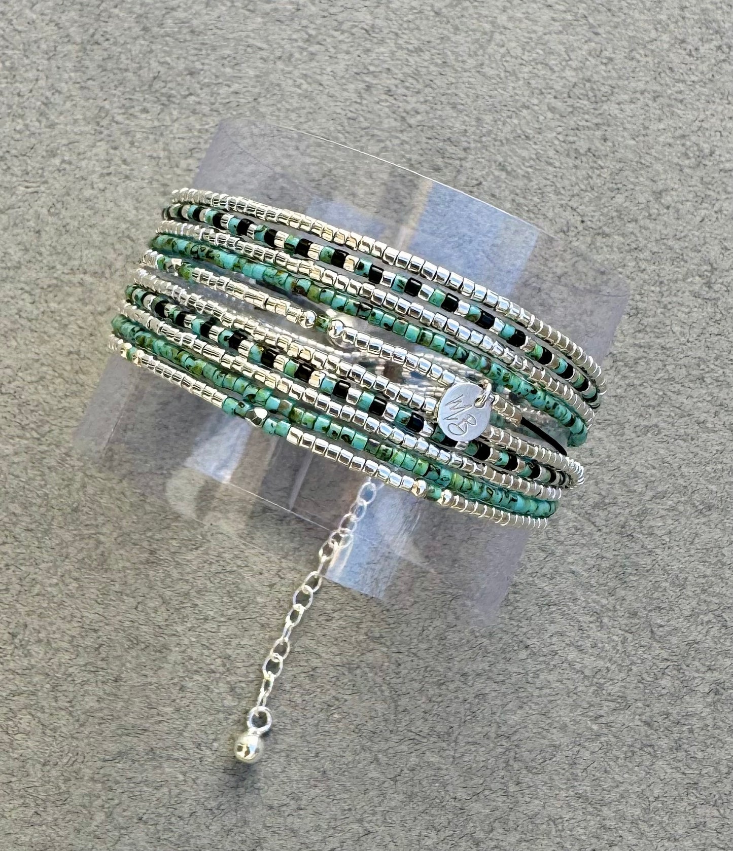 Manchette multi tours en argent -Turquoise-Noir “Le Milos” - Mahana Bijoux 