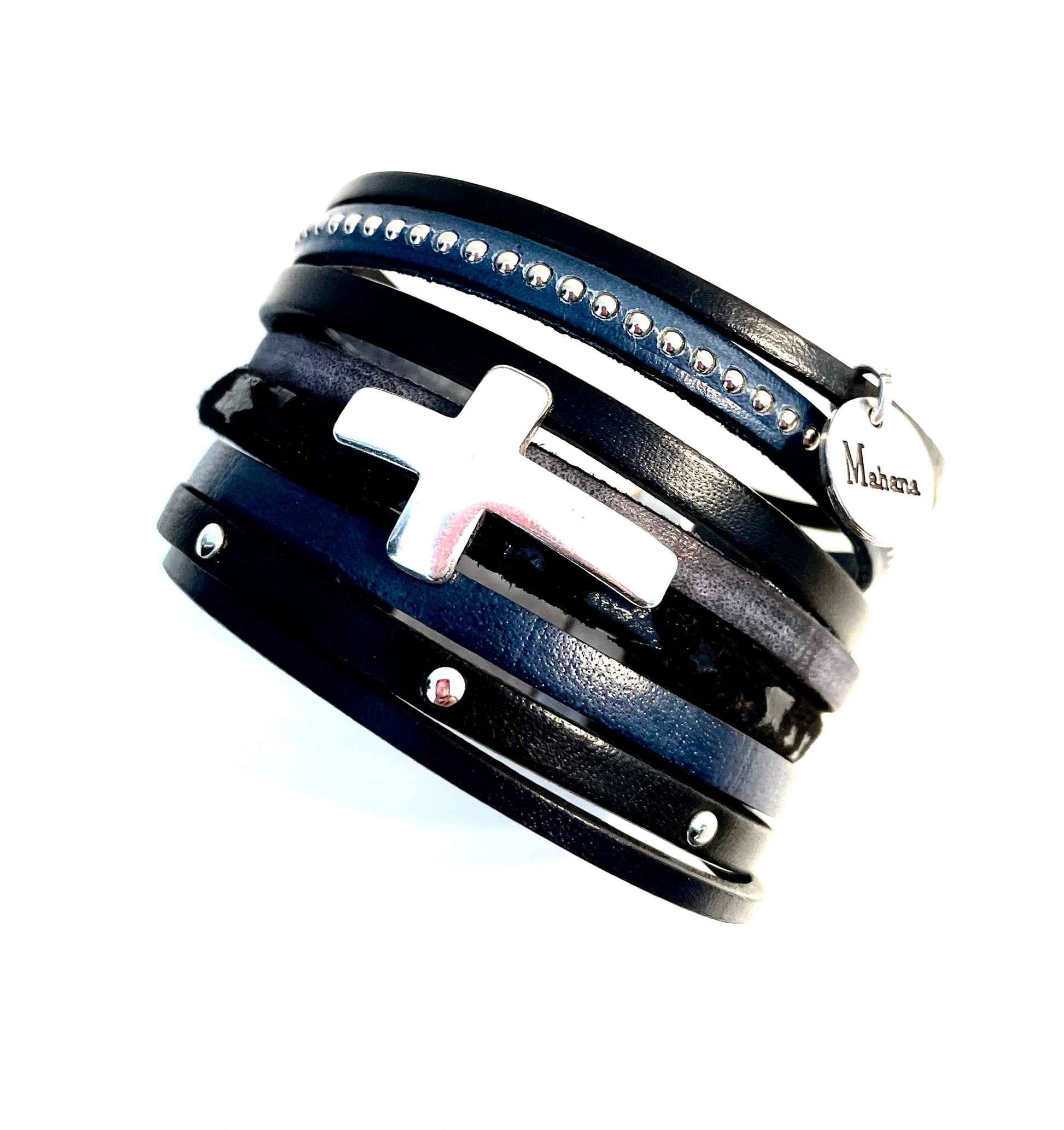 Bracelet multi liens en cuir Cross  "Blue Jean" . - Mahana Bijoux 