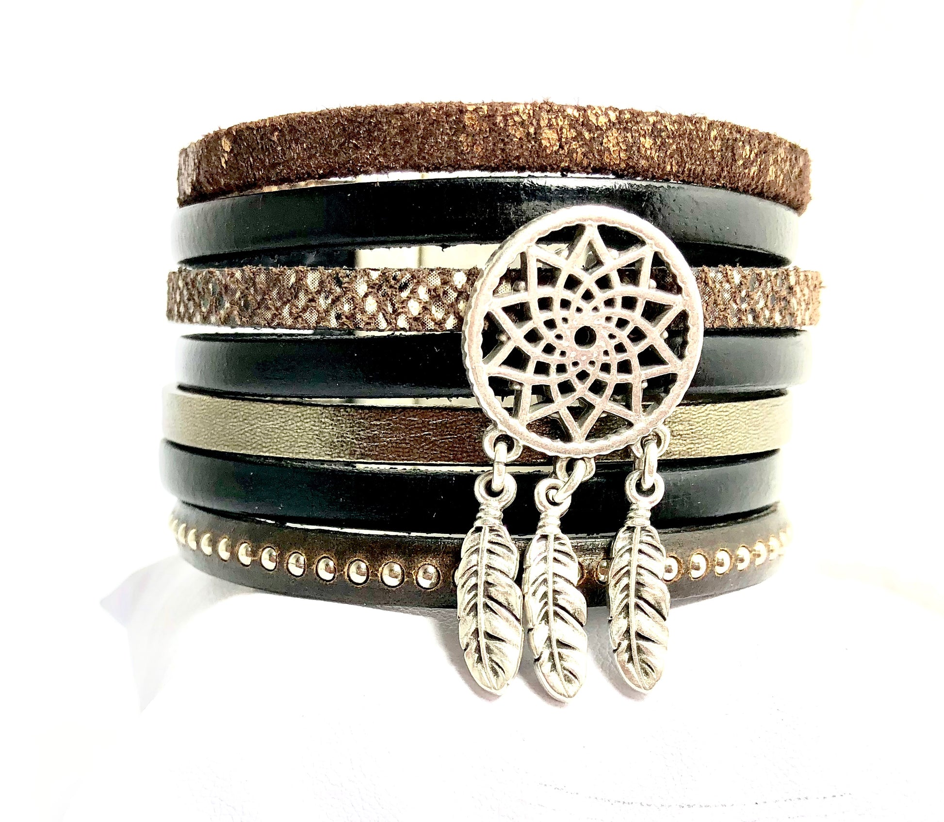 Manchette multi liens en cuir Dreamcatcher - Mahana Bijoux 