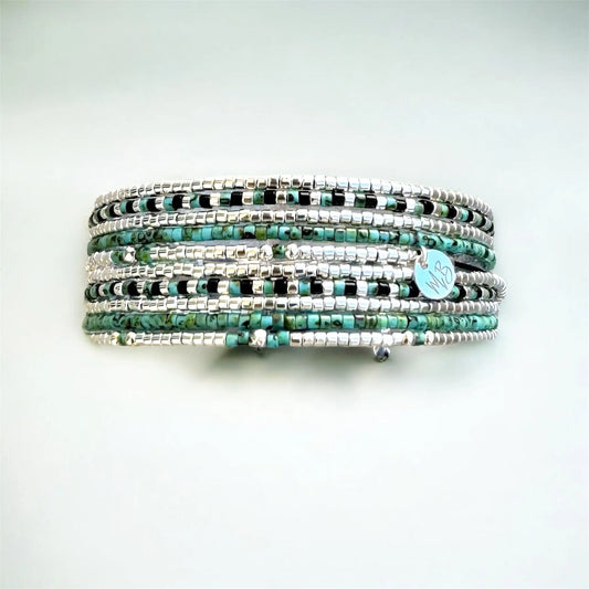 Manchette multi tours en argent -Turquoise-Noir “Le Milos”