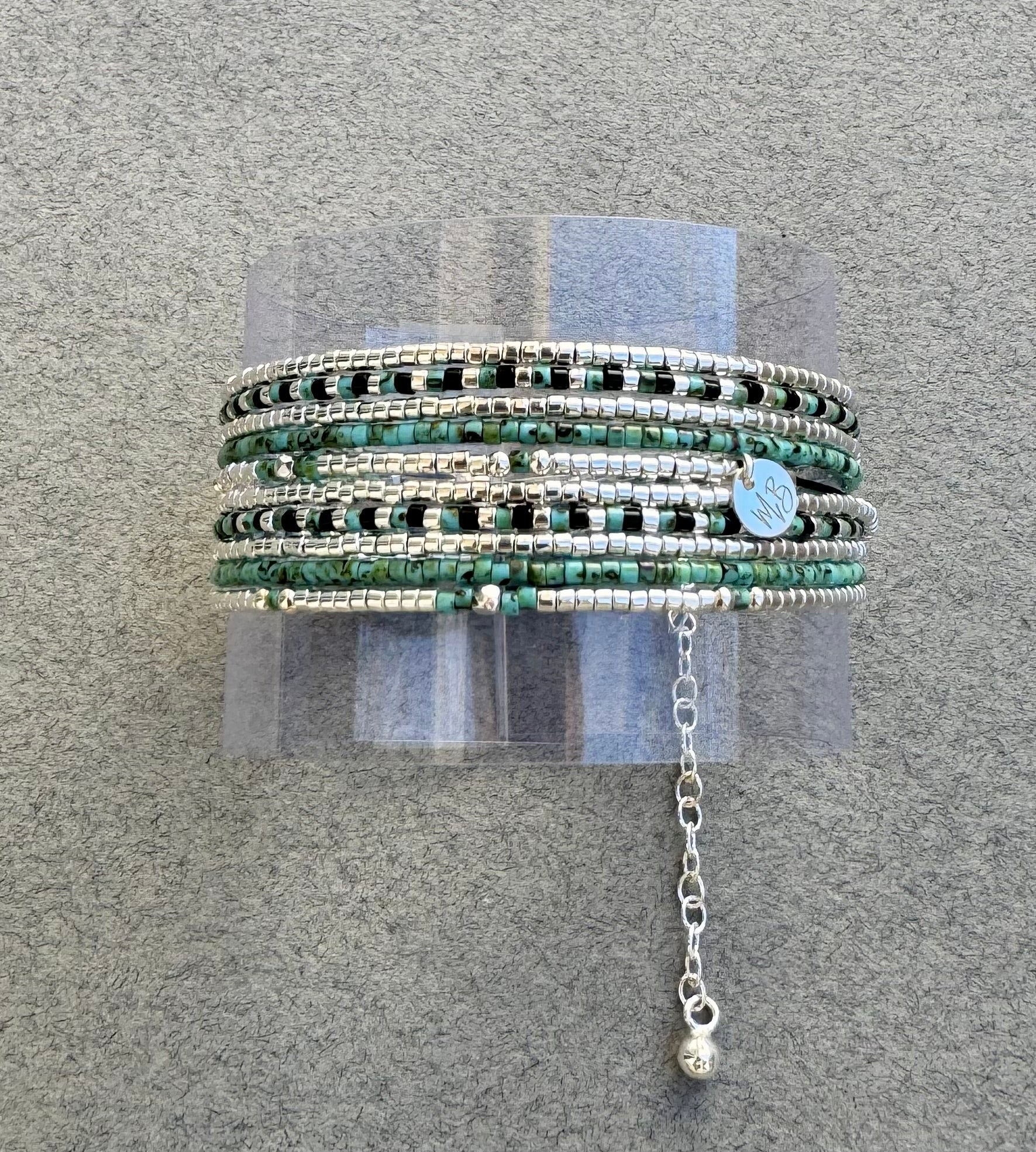 Manchette multi tours en argent -Turquoise-Noir “Le Milos” - Mahana Bijoux 